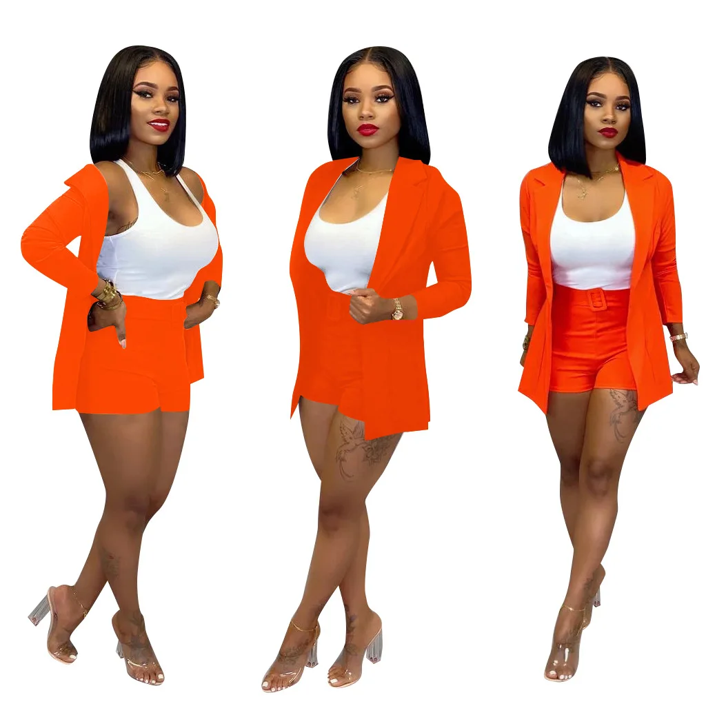 Women Office Business Suits Cardigan Blazer Coat And Shorts Slim Full Sleeve Two Piece Set Club Wear Outfits High Street Outwear