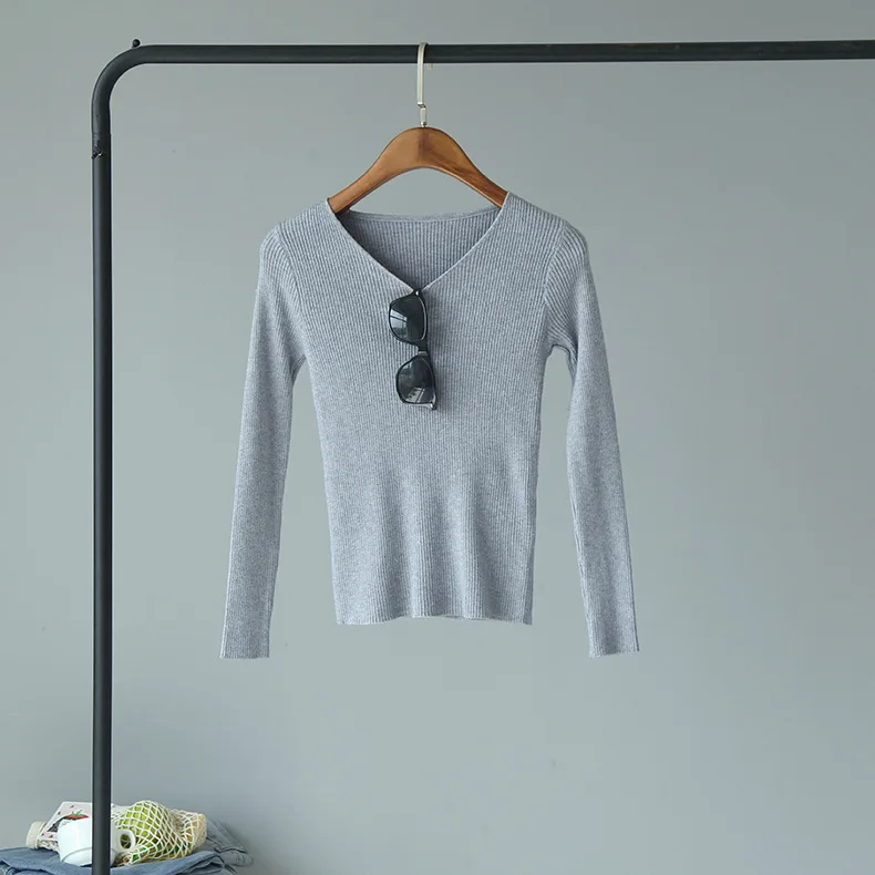 Женский Повседневный вязаный базовый свитер в рубчик с v-образным вырезом и длинным рукавом, тонкий пуловер, эластичные Джемперы, осенне-зимние топы Q9192 - Цвет: Серый