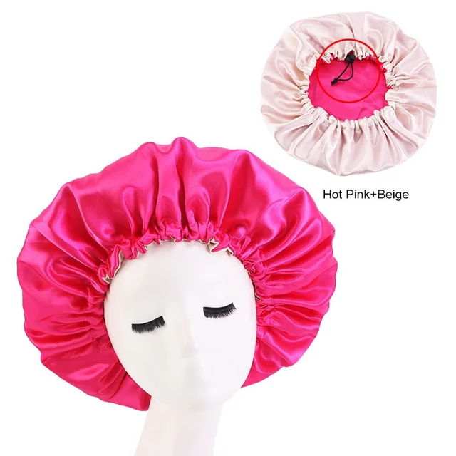 New Solid Women Satin Bonnet Fashion Stain Silky Big Bonnet for Lady Sleep Cap Headwrap Hat Hair Wrap Accessories Wholesale Adjust rose red