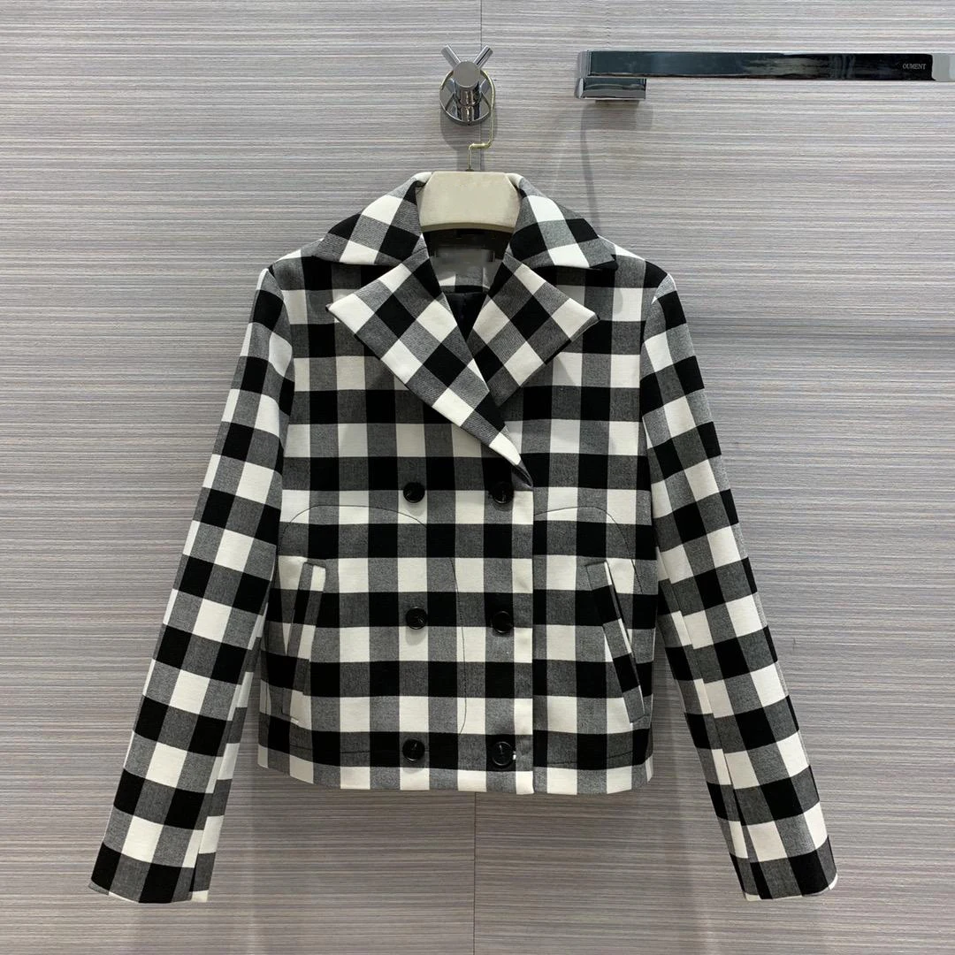 

2019 new ladies high quality fashion long sleeve lapel check double-breasted jacket 0916