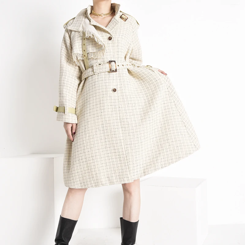 [EAM] Women Plaid Tweed Big Size Trench New Lapel