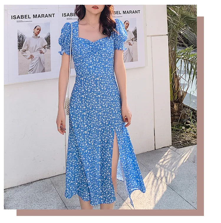 Summer Party Wrap Dress Vintage Blue Print Floral Sexy Slit Beach Holiday Dresses Ladies Vestidos