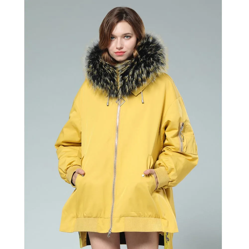 69125 Yellow SANI/ новые меховые парки, одежда с подкладкой енотовидная собака, меховые парки с капюшоном, модная одежда для девочек - Цвет: 69125 Yellow