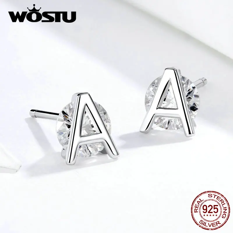 WOSTU реальные 925 пробы серебро A-Z Алфавит Стад Серьги с простым дизайном буквы CZ серьги для Для женщин новые ювелирные изделия