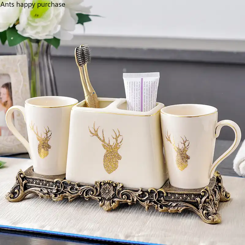 conjunto de higiene para bano retro tres piezas ceramica cepillo de dientes taza articulos de tocador cabeza de ciervo dorado accesorios