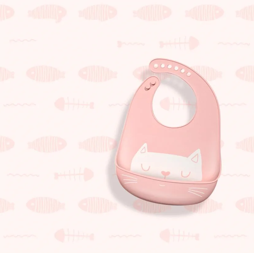 Pink Cat Водонепроницаемые детские нагрудники силиконовые кормления детский слюнявчик полотенце для новорожденных мультфильм фартуки, детские нагрудники регулируемые принадлежности для еды - Цвет: Pink Cat