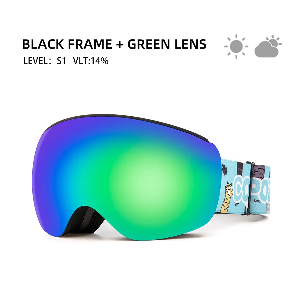 bk frame green lens Магнитные Детские лыжные очки для детей UV400, противотуманные маски, очки для катания на лыжах для девочек и мальчиков, очки для сноуборда с персонализированными ремешками - Цвет: bk frame green lens