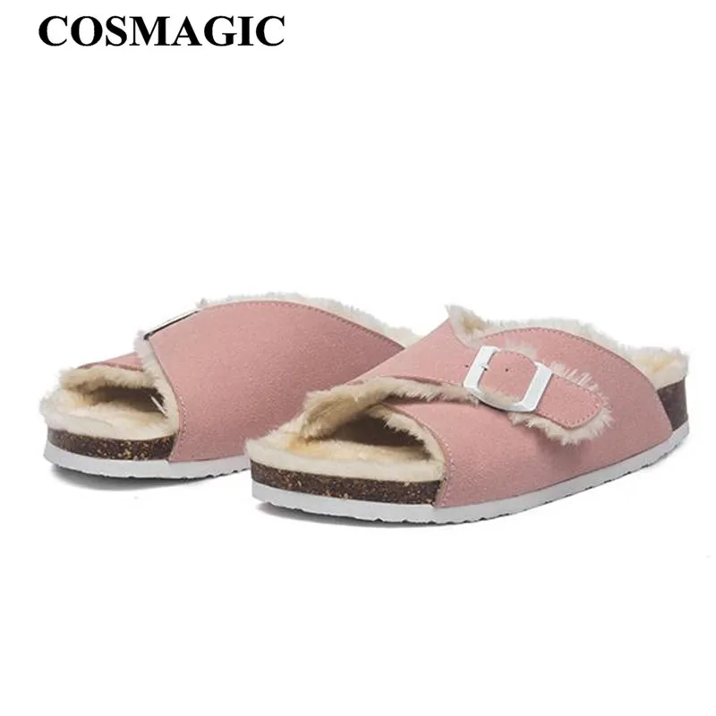 COSMAGIC/Новинка года; сезон осень; овечий мех; пробковые тапочки; сезон осень-зима; женская повседневная обувь из натуральной кожи; однотонные Мягкие плюшевые шлепанцы