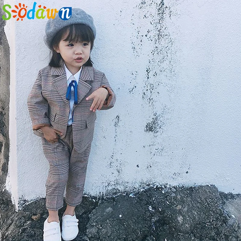 Sodawn/Коллекция года, весенне-осенние комплекты одежды для детей Модный комплект одежды в клетку для девочек комплект из 2 предметов, куртка с пуговицами+ штаны, детская одежда из 2 предметов
