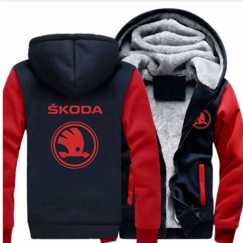 Новинка, мужская зимняя куртка с капюшоном на молнии, куртка с логотипом Skoda Car, модная куртка в стиле панк с красным принтом, утолщенная теплая толстовка, пальто в стиле хип-хоп