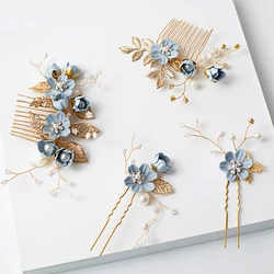 1PC Luxury Blue Pink Flower Hair Combs Headdress Prom Bridal Wedding Crown Hair Accessories Gold Leaves Hair Jewelry Hair Pins