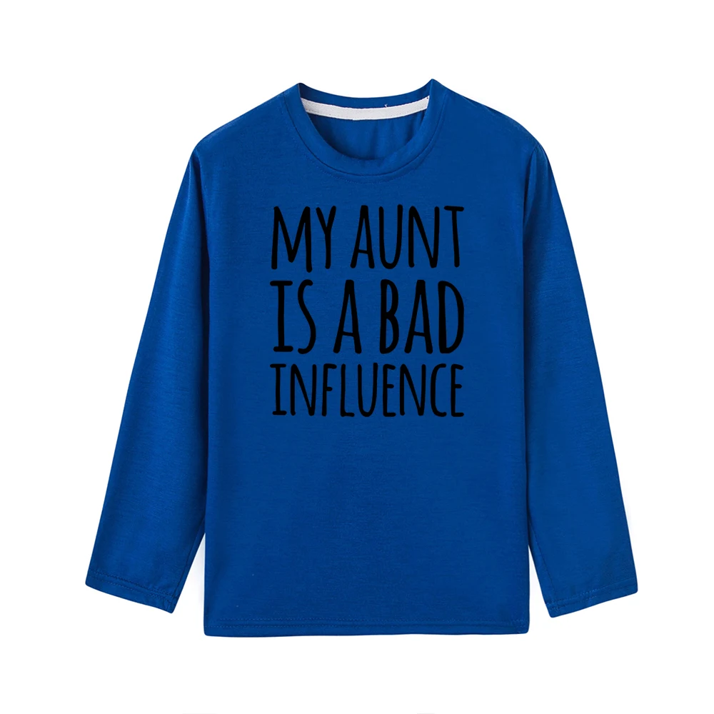 Осенне-весенняя Детская футболка с надписью «My Aunt Is A Bad Influence» Забавная детская футболка с длинными рукавами модные футболки для мальчиков и девочек, топы, одежда - Цвет: 41U1-KLTBU-