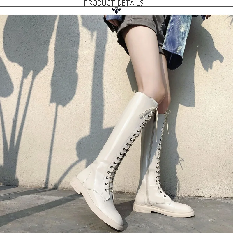 EGONERY/кожаные сапоги до колена женская обувь модные осенне-зимние сапоги для верховой езды на шнуровке синего, бежевого и черного цвета размеры 34-39 CN, Прямая поставка