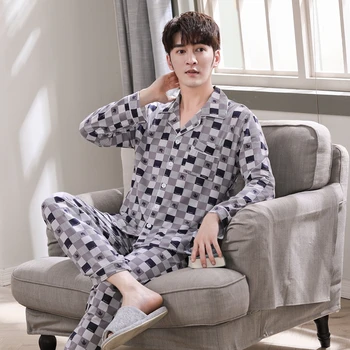 

Autumn 100% Cotton Pajamas For Men Blue Plaid Sleepwear Grey Pyjamas Men Pijamas Hombre Clothes Pure Cotton Pyjamas Plus Size