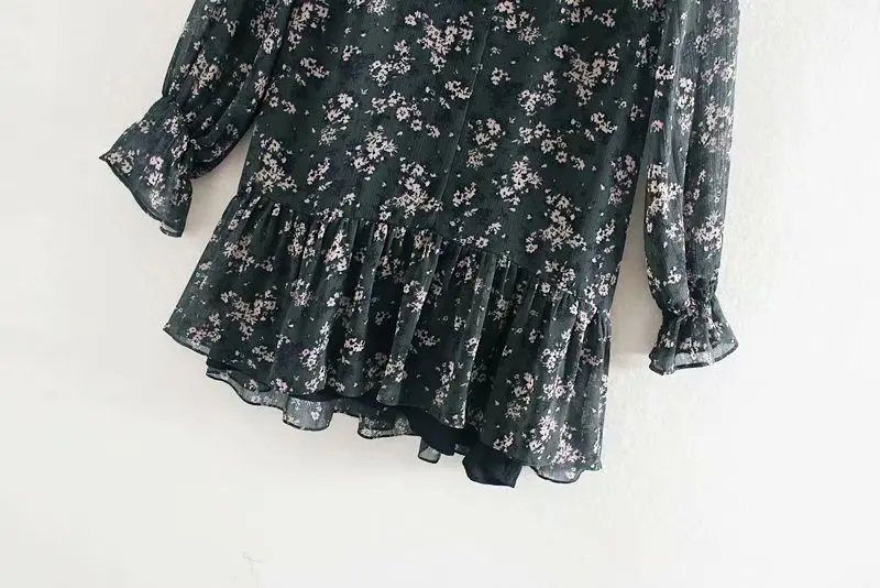 Женское милое мини-платье с бантом, v-образным вырезом, цветочным принтом и оборками, элегантное женское шифоновое платье с длинным рукавом, шикарные платья DS3093