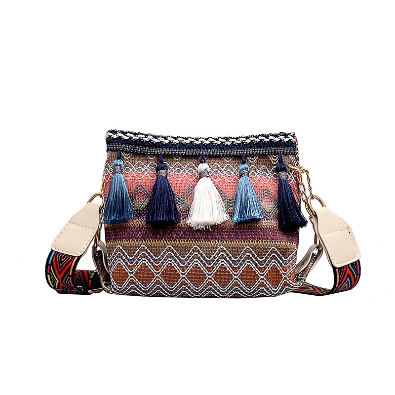 

Bag female 2022 new Korean ins chain diagonal cross bag Harajuku ethnic canvas tassel Bucket Bag