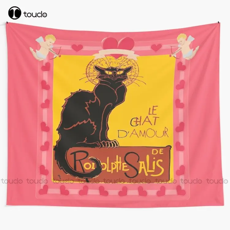 Le Chat Noir D'Amour With Heart And Cherub Border Tapestry Full Wall Tapestry Coperta Arazzo Camera Da Letto Copriletto Decorazione