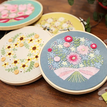 

Embroidery Cloth Color Threads Tools Kits Beginner Sewing Kit DIY Stamped Embroidery Starter Kit with Flowers Plants Pattern SD