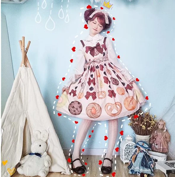 Japanese Kawaii Girl Sweet Lolita Dress Vintage High Waist Printing Bowknot Victorian Gothic Jsk