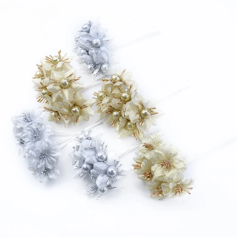 6pcs Gold silver Christmas scrapbooking wedding decorative flowers wreaths vases for home decor diy Artificial flowers wholesale
