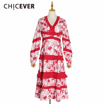 

CHICEVER Embroidery Patchwork Ruffles Women Dresses V Neck Lantern Long Sleeve High Waist Party Dress Female Fashion Clothes