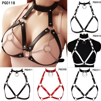 

Black Leather Bra Punk Chain Body Crop Top Bust Cage Sexy Lingerie Plus Size Strap Clothing Festival Balls Women's Harness