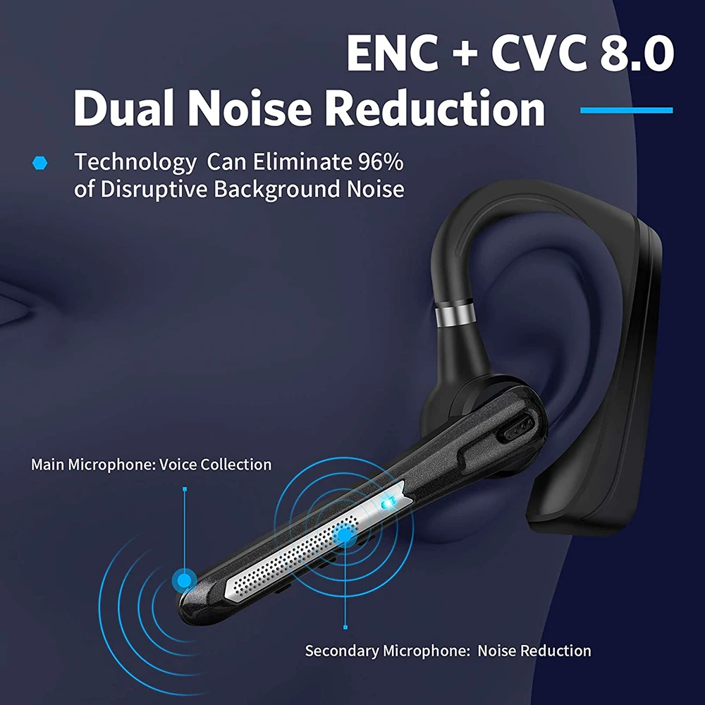 True Noise Reduction Bluetooth Headset Wireless Earphones 5.0 Adjustable Handsfree Earpiece With AptX HD Dual Mic For All Phones