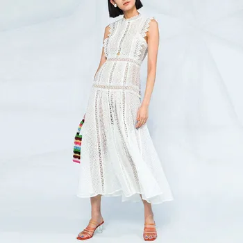 

Summer Women Elegant Round Neck Sleeveless White Lace Dress 2020 Catwalk Vintage Designer Hollow Out Slim Dress