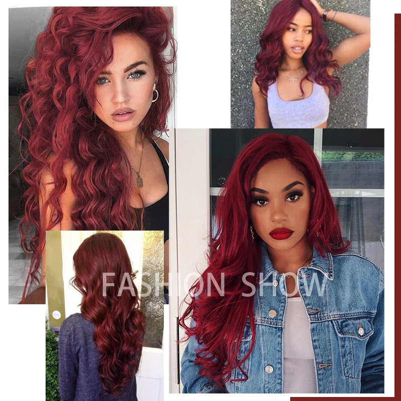 WERD Long Wavy Wine Red Synthetic Wig Women's Heat-Resistant Natural Half Part Cosplay Party Lolita Wig
