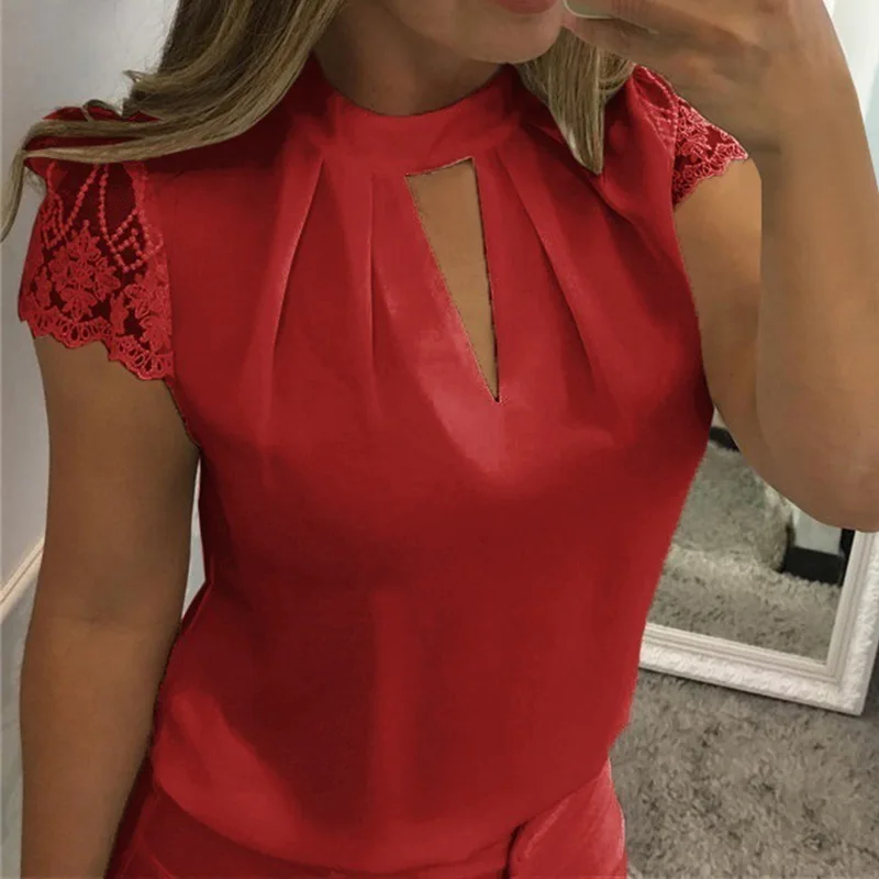 OEAK 2020 Women Sexy Blouses Summer Casual Hollow Chiffon Short Sleeve Splice Lace Top Blouses Shirts Blusas Mujer Plus Size 3XL