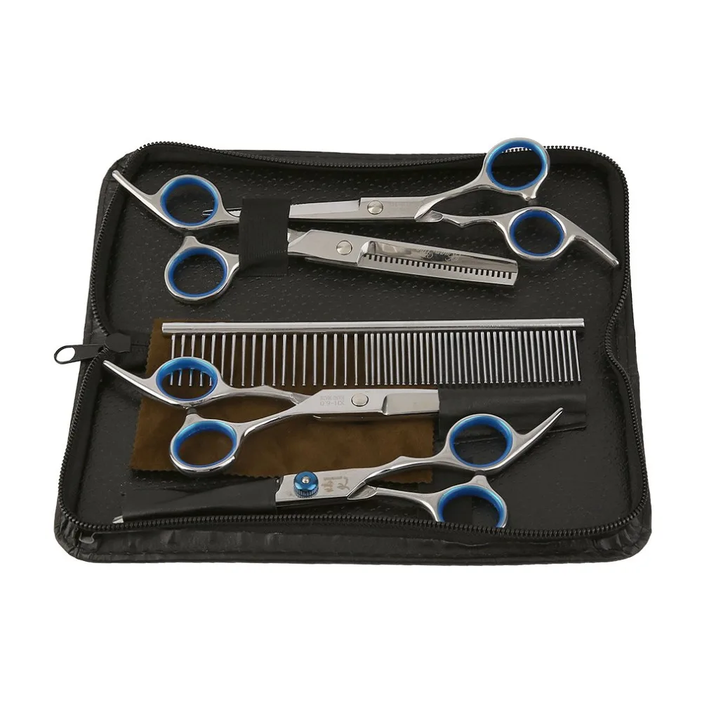 

Useful Professional Pet Dog Grooming Scissors Set Straight & Thinning & 2 Curved Scissors Shears Hairdressing Haircut Tools Kit