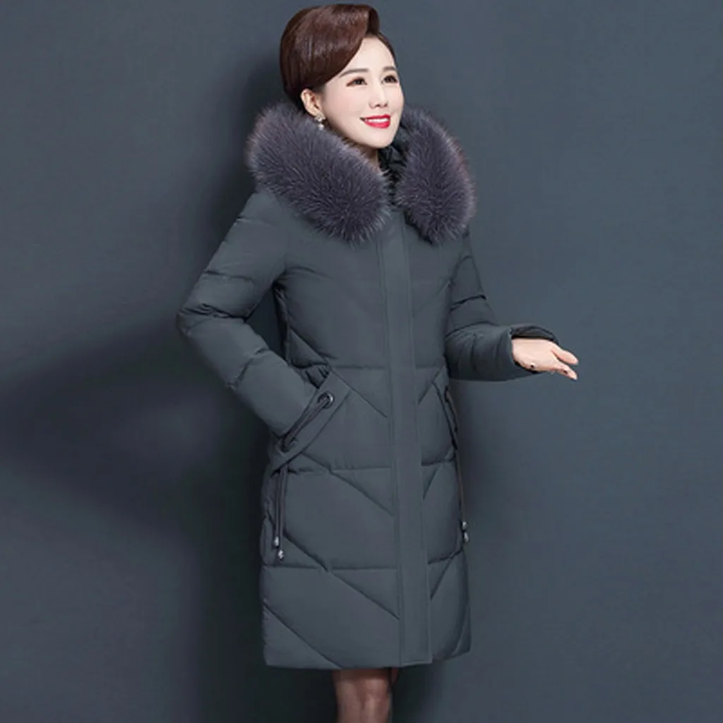 Зимнее пальто средней длины с меховым капюшоном для женщин среднего возраста, Модные свободные уплотненные хлопковые куртки, пальто для женщин, теплые корейские парки больших размеров