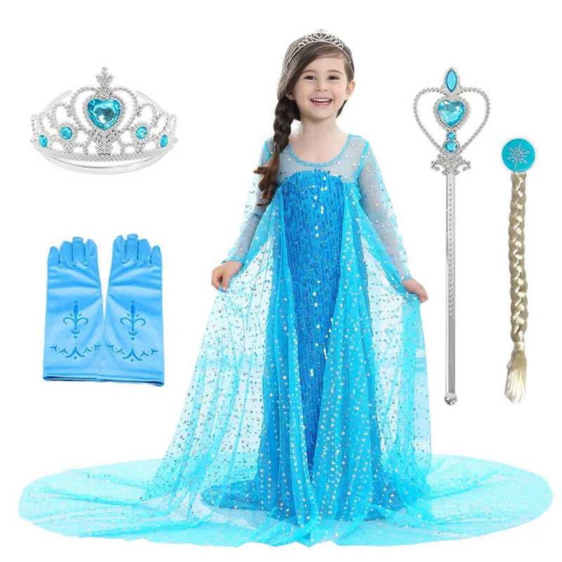 

2020 Elsa Dresses for Girls Princess Elsa Costumes Party Cosplay Elza Vestidos Magic Wand Accessories Set Children Girls Dress