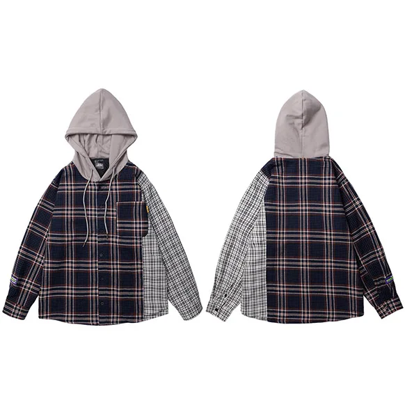 A42C003 Blue Men Hip Hop Hooded Jacket Vintage Plaid Patchowrk Harajuku Jacket Hoodie Color Block Streetwear Jackets Retro Style Autumn - Цвет: A42C003 Blue