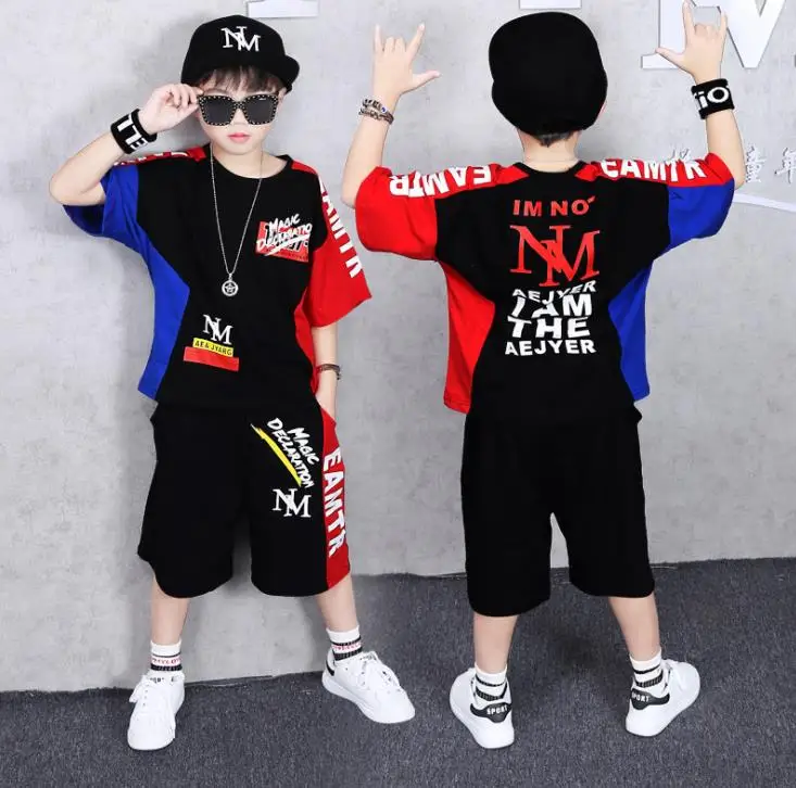 Комплект из 2 предметов; комплекты одежды для мальчиков-подростков; спортивные костюмы для танцев в стиле хип-хоп; хлопковая футболка+ шорты; летняя одежда для мальчиков - Цвет: Небесно-голубой