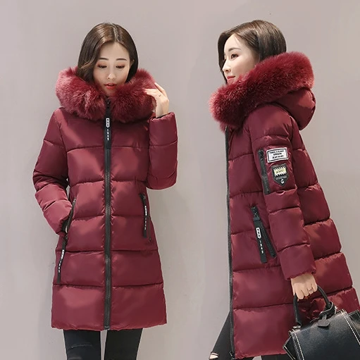 Парка, женские зимние пальто, длинные хлопковые повседневные меховые куртки с капюшоном, женские толстые теплые зимние парки, Женское пальто, пальто - Цвет: Wine red