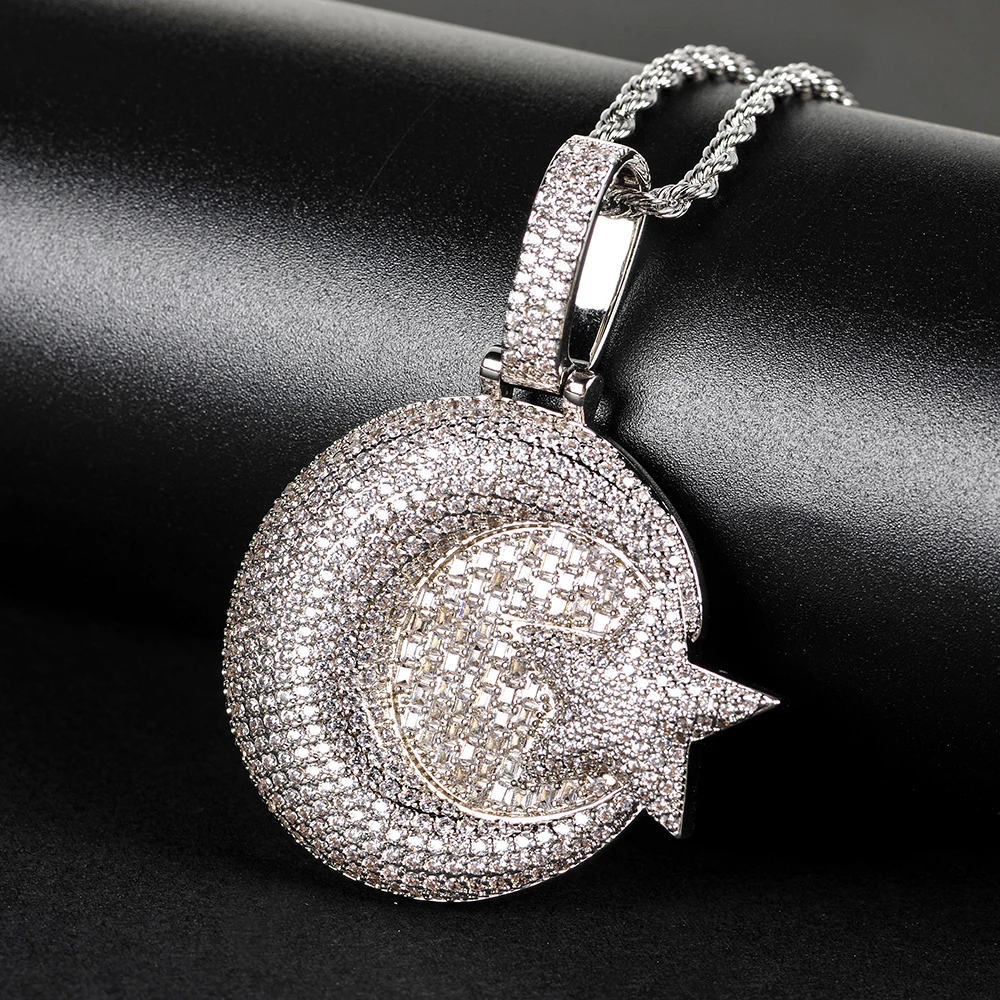 AZ Big Star Moon Iced Out Pendant Necklace for Men Women Full Bling Zircon Cuban Chain Link Hip Hop