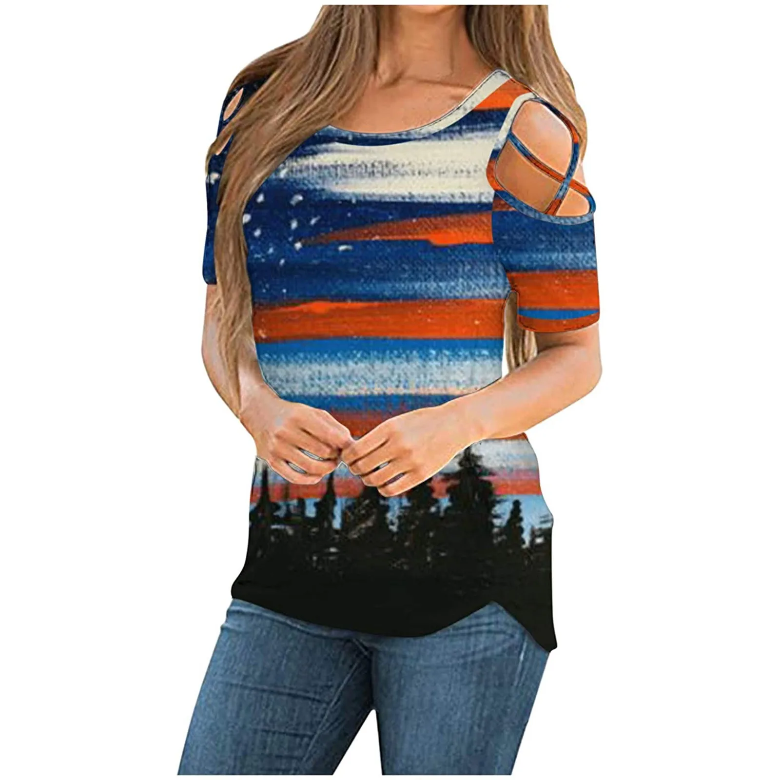 Women T-Shirt Casual O-Neck Off Shoulder Drawstring Short Sleeve Dependence Day Printed Loose Plus Size T-Shirt Clothing Mujer 1