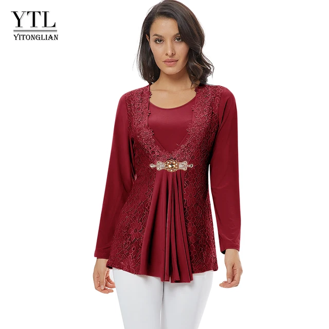 YTL Plus Size Women Blouse Elegant Diamond Lace Tunic Top Casual Vintage Tops Long Sleeve Shirt Red Black XXL XXXL 4XL 8XL H025 1