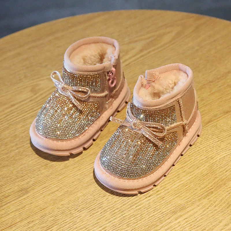 Baby Girl Rhinestone Toddler Shoes Winter 0-3 Years Old Soft Bottom Non-slip Toddler Baby Crystal Warm Shoes Snow Boots