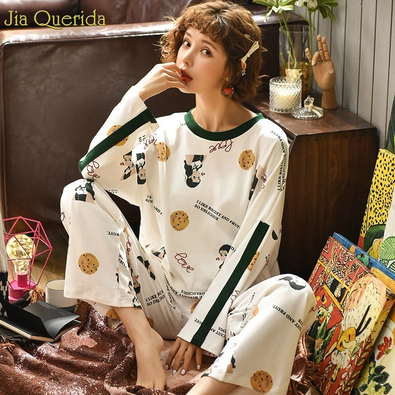 Корейский Свободный размер модные пижамы женские с длинными рукавами брюки Пижама с принтом Хлопок Весна Осень дамы пижамы хлопок домашний комплект - Color: 2274
