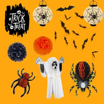 

25pcs New floral Halloween Suit Spider Garland Spider Lantern Bat Sticker Ghost Ball Spiderweb Honeycomb Ball Party Venue Props
