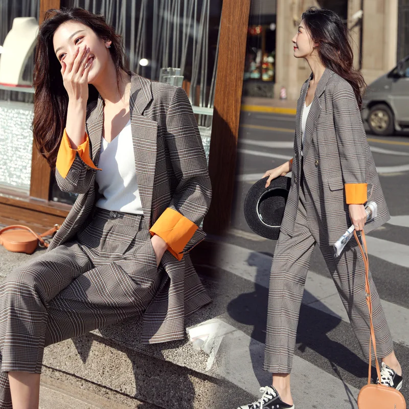 

Suit WOMEN'S Suit 2019 Autumn New Style Korean-style Loose-Fit Contrast Color Plaid Suit Coat Casual Pants Two-Piece Set Fashion