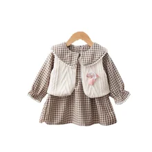 Ensemble de vêtements pour bébé fille, nouvelle collection automne, Costume décontracté, gilet, robe à carreaux, 2 pièces/ensemble, mignons survêtements pour enfants