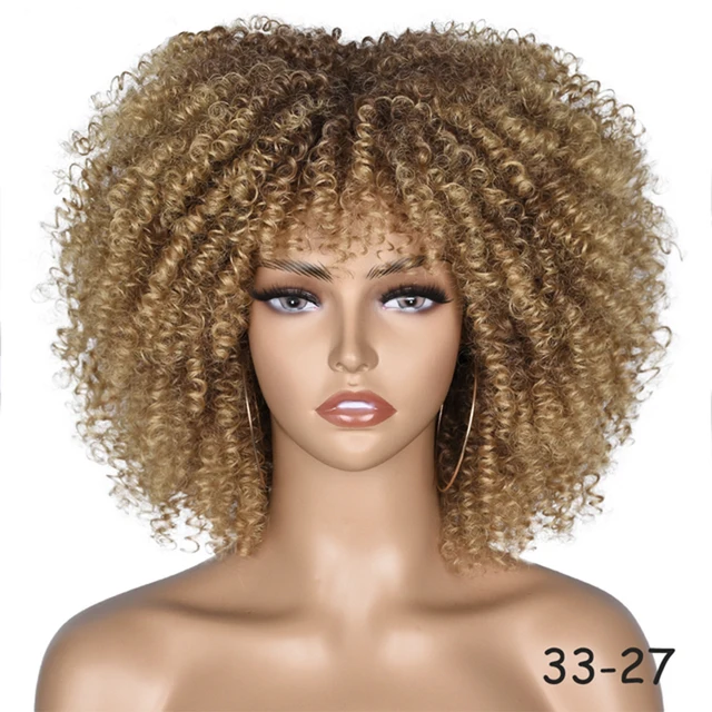 Short Hair Afro Kinky Curly Wig With Bangs Loose Synthetic Cosplay Fluffy Natural Wigs For Black Women Dark Brown 10