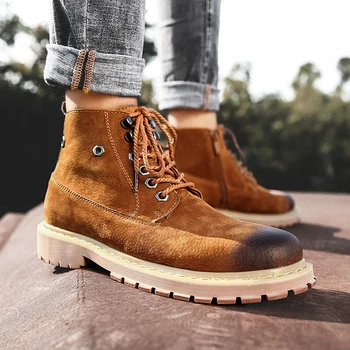 

Men Boots High Leather Causal Shoes Autumn Winter Retro Work Safety Tooling Boots Platform Footwear Waterproof Anti-skid Design