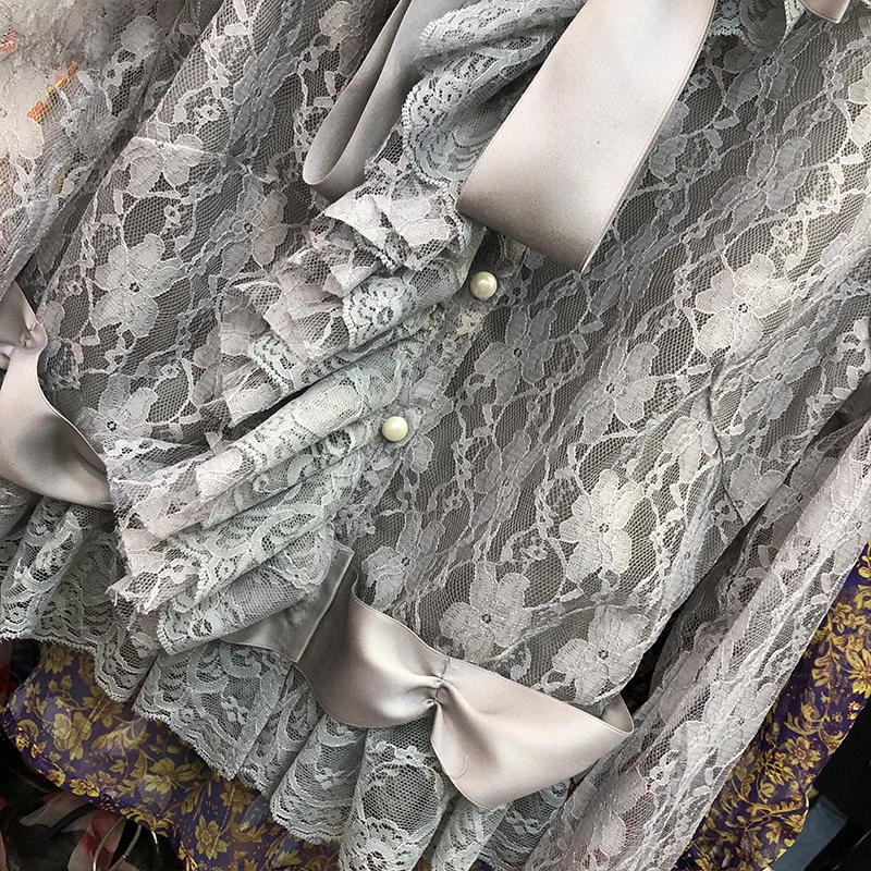  Lace Blouse Women 2020 Spring Autumn New Korean Retro Ruffle Bow Shirt Women's Slim-Fit Lace Shirt 