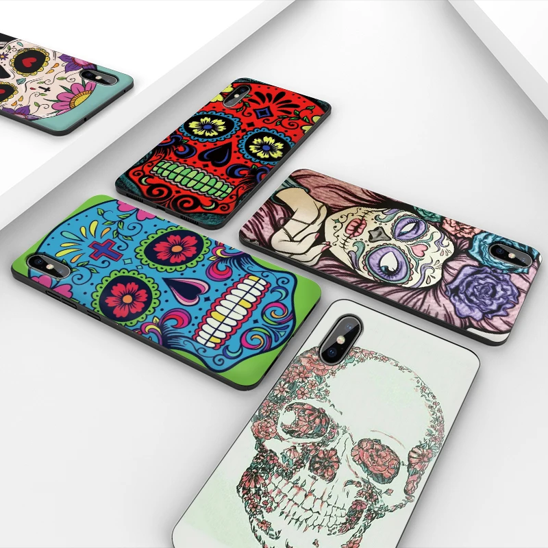 Чехол для телефона для Iphone XS Max XR X 8 7 6 6S Plus 11 Pro 5 s SE, силиконовая задняя крышка из ТПУ с цветочным принтом и сахарным черепом
