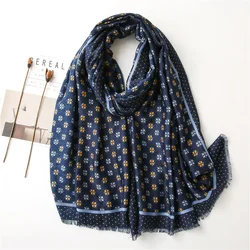 New Fashion Navy Blue Luxury Floral Fringe Viscose Scarf Lady Soft Hijab Shawls and Wraps Foulards Echarpe Muslim Snood 180*90Cm