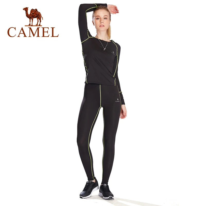 CAMEL для женщин и мужчин, эластичный спортивный костюм для бега, спортивная одежда, обтягивающий трикотажный спортивный костюм, леггинсы для бега, быстросохнущая одежда из 2 предметов - Цвет: 606Black Green